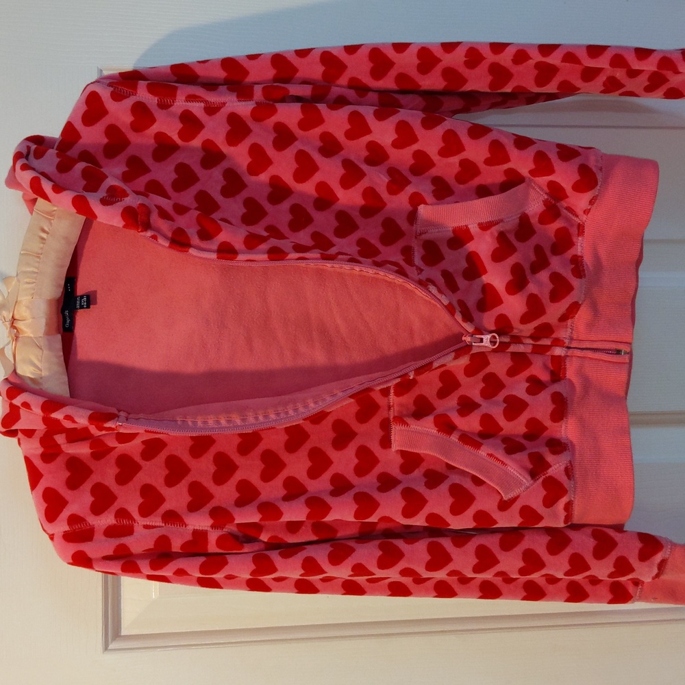GapKids Vintage Y2K Heart Zip Up Hoodie Velour Girls XXL 14-16 Pink Red Full Zip - Picture 5 of 11